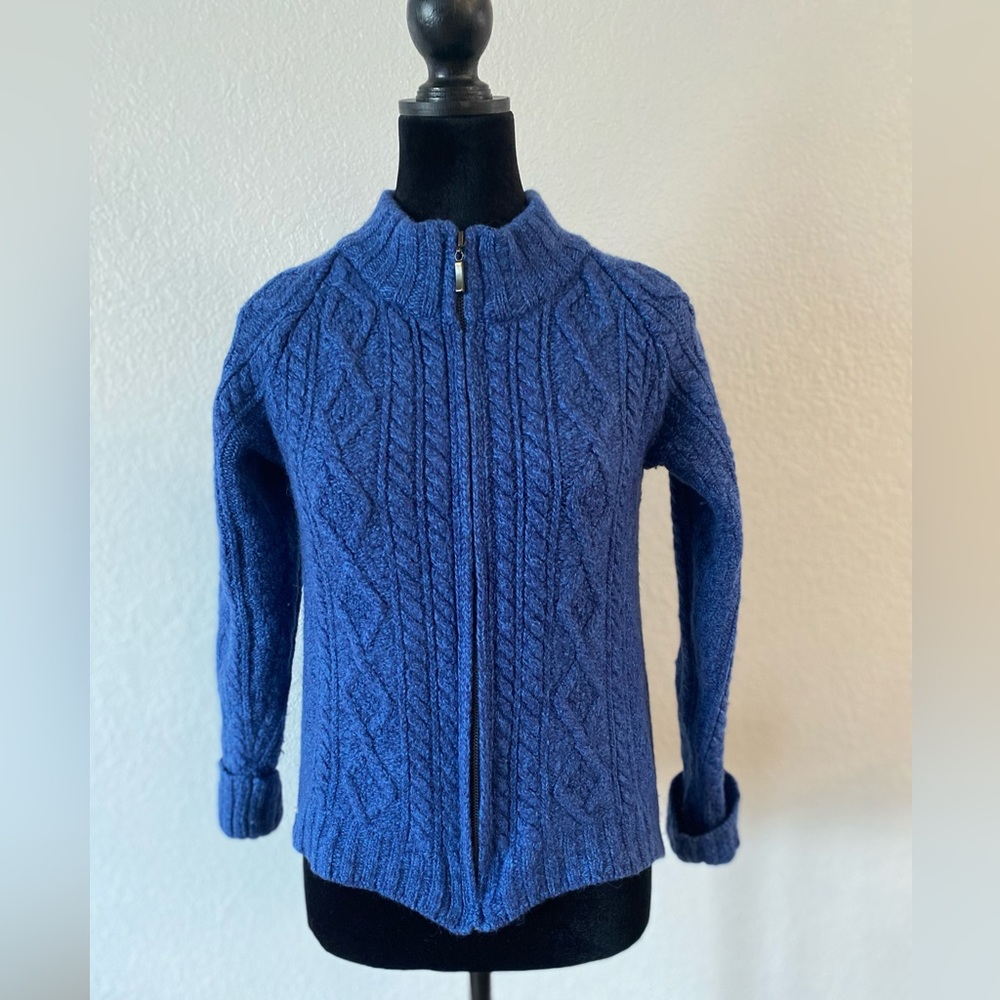 Inis Crafts Ireland Blue Cable Knit Sweater Merino Wool Chunky Zip S